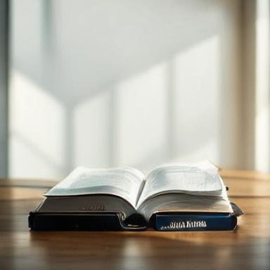 Открытая книга с закладкой лежит на деревянном столе рядом с чашкой кофе.